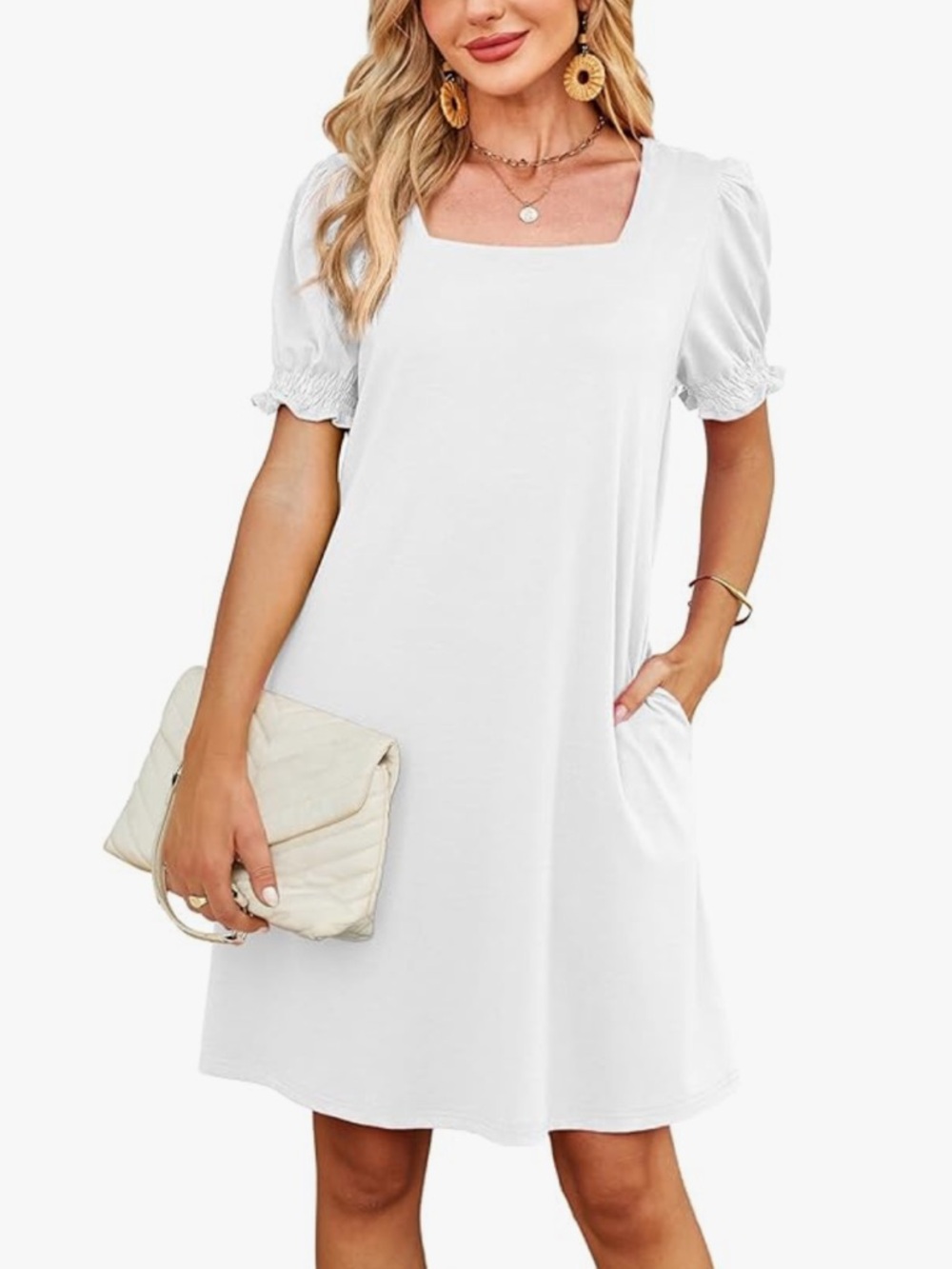 Chic Nation White Square Neck Short Sleeve Dress